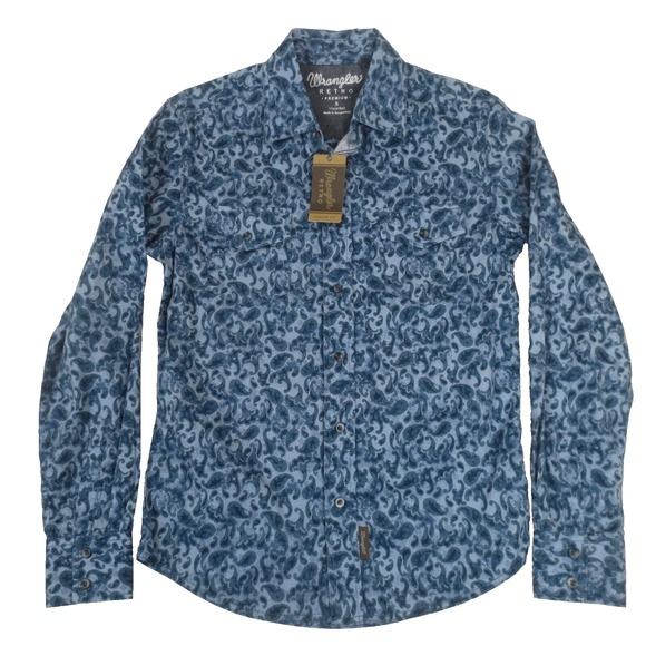 Wrangler Shirt Mens Small Blue Paisley Retro Premium‎ Long Sleeve Button Casual - Picture 1 of 12
